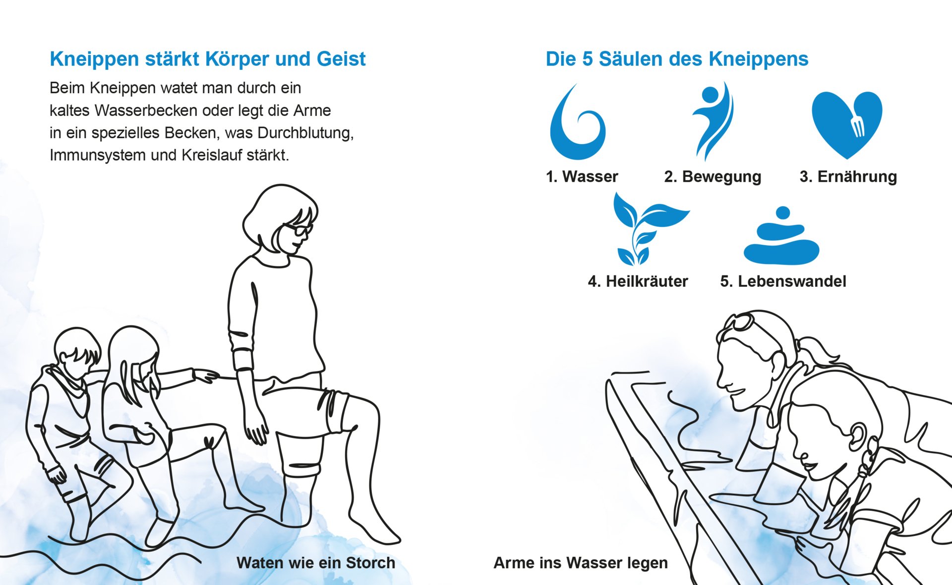 Abbildung der Tafel zum Thema Kneippen. Links ist in LineArt gezeichnet, wie ein Bub, ein Mädchen und eine Frau durch das Wasser waten wie ein Storch. Ein Bein ist jeweils bis unter dem Knie im Wasser, das andere Bein ist abgewickelt und über dem Wasser. Rechts sind Symbole der 5 Säulen eingezeichnet. Ein Tropfen für Wasser, ein Strichmännchen für Bewegung, ein Herz mit einer Gabel für Ernährung, eine Pflanze für Heilkräuter, drei organische ovale Kreise übereinander für Lebenswandel. Darunter sieht man in der rechten unteren Ecke in LineArt zwei Frauen die mit den Armen bis über dem Ellbogen in einem länglichen Tauchbecken voller Wasser sind.