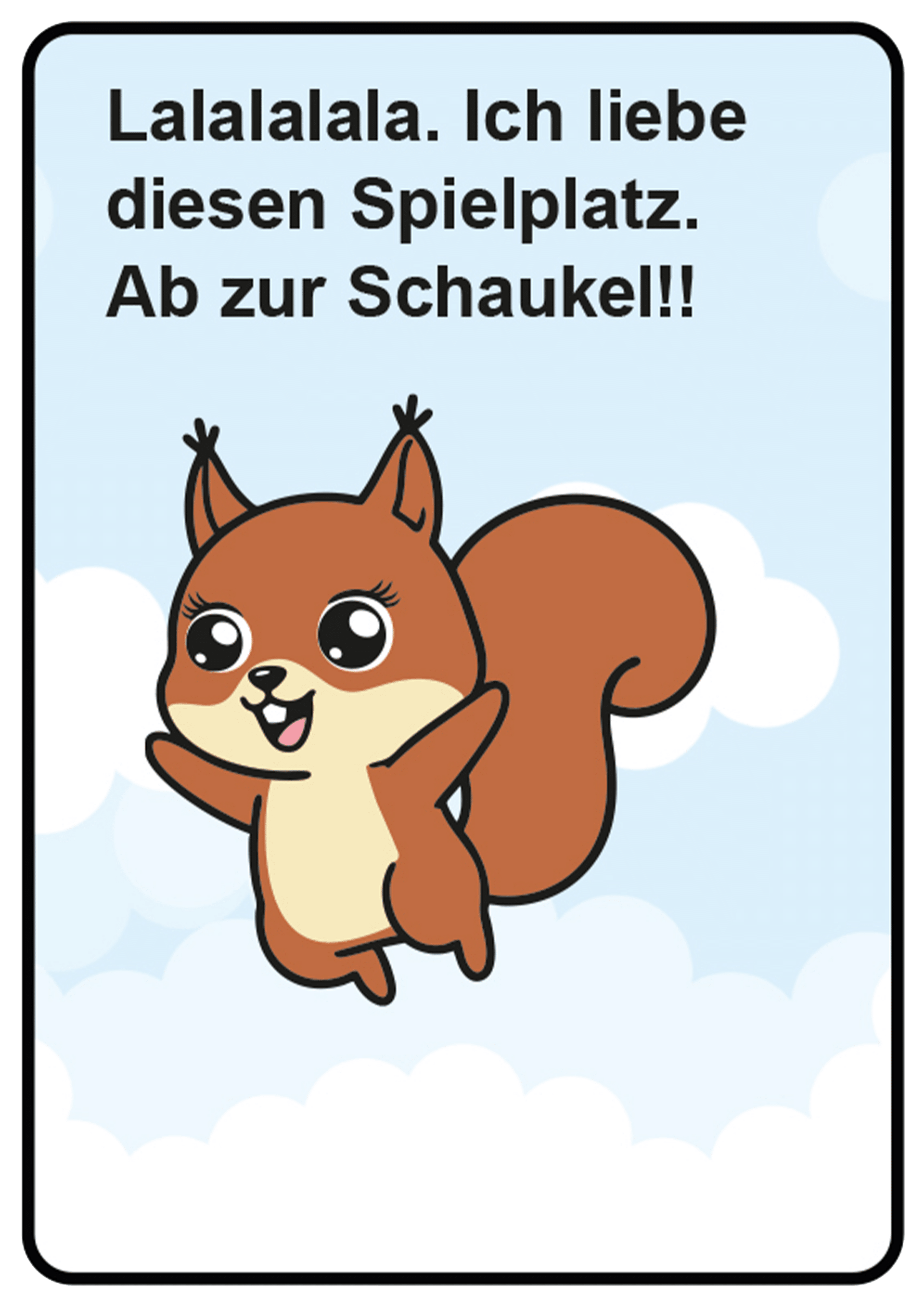 Eichhörnchen hüpft herbei, lacht fröhlich und hält die Hände freudig in die Höhe.