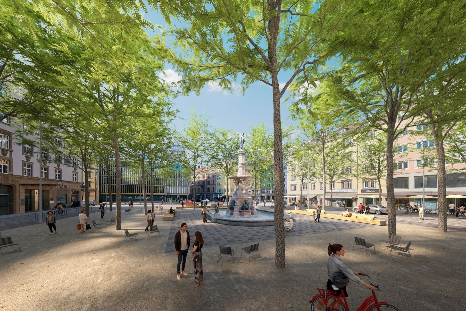 Visualisierung eines Platzes mit Brunnen in der Mitte, schattigen Bäumen und Menschen