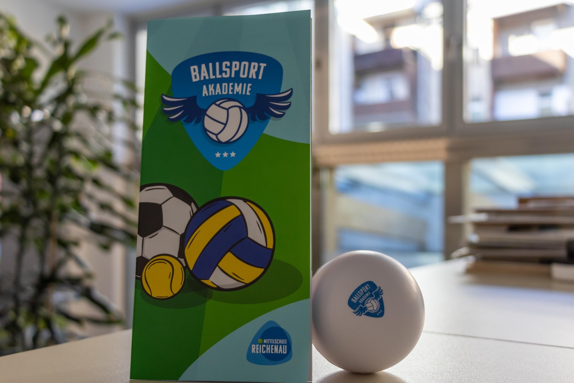 auf einem Tisch stehen ein Aufsteller und ein Ball mit dem Logo der Ballsportakademie
