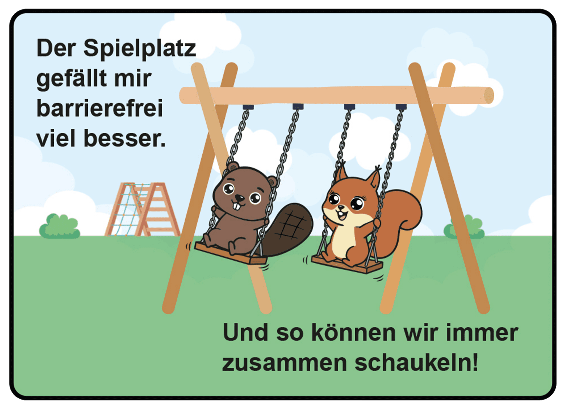Biber und Eichhörnchen sitzen gemeinsam auf einer Schaukel. Sie lachen beide. Im Hintergrund sind das Klettergerüst und eine grüne Wiese zu sehen.
