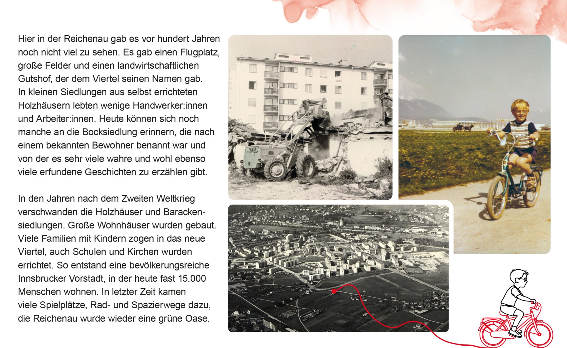 Collage zur Entwicklung der Reichenau mit historischem Luftbild, alten und neueren Fotografien sowie einem Text zur Geschichte des Stadtteils vom landwirtschaftlich geprägten Gebiet zum Wohnviertel. Weitere Infos folgen im Text.