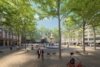 Visualisierung eines Platzes mit Brunnen in der Mitte, schattigen Bäumen und Menschen